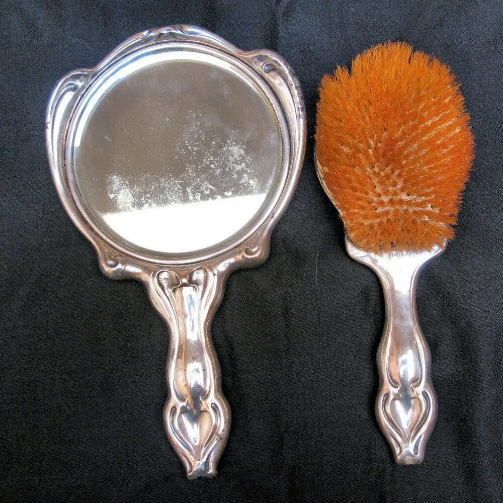 ANTIQUE SILVER MIRROR, BRUSH, WEBSTER CO. ART NOUVEAU STERLING